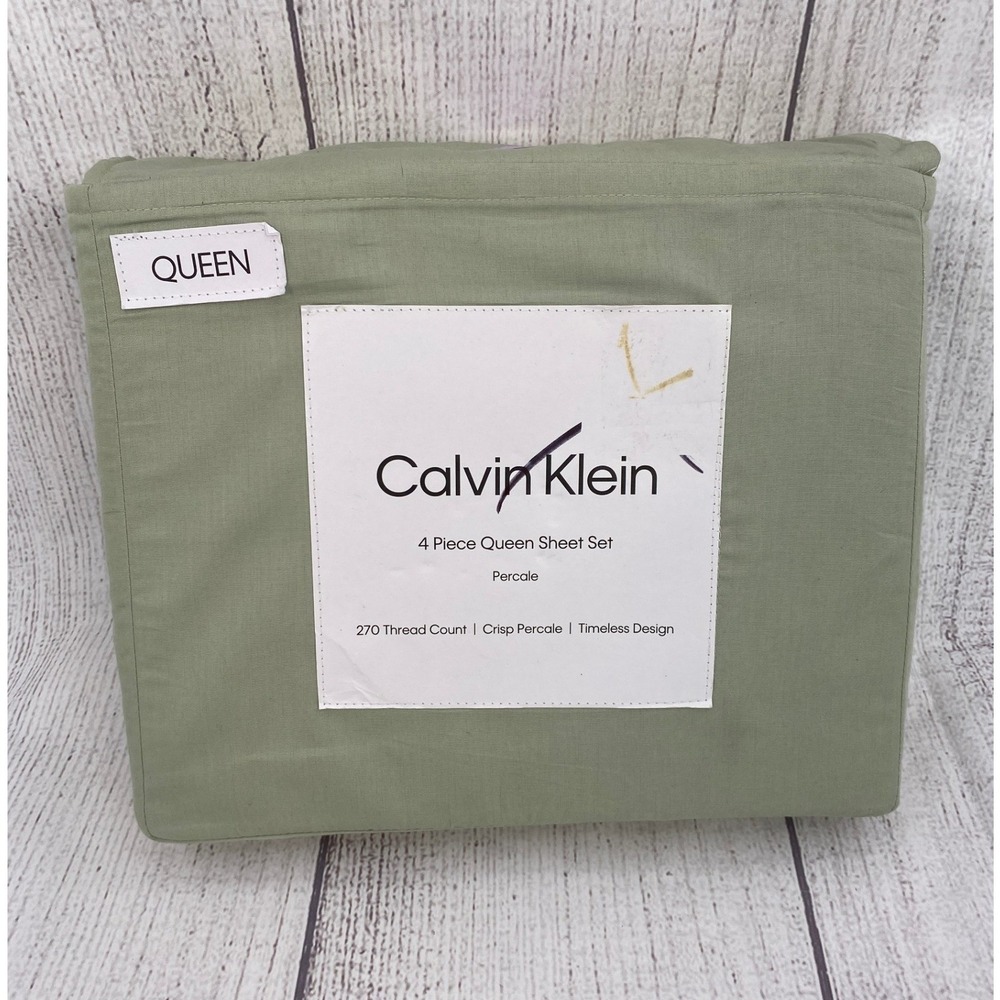 Calvin Klein Sheet Set Queen Sage Green Cotton Percale 270TC Earthy Modern